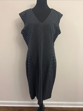 Calvin Klein Black and Charcoal Striped V-Neck Midi Dress